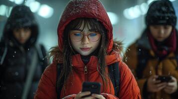 ai gerado jovem menina dentro vermelho casaco usando célula telefone foto