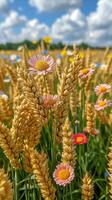 ai gerado vibrante amarelo e Rosa flores dentro uma campo foto