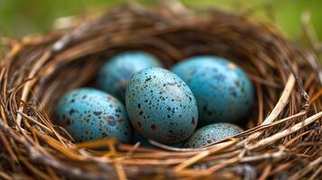 ai gerado pássaro ninho com azul salpicado ovos foto