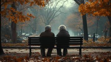 ai gerado idosos casal sentado em parque Banco foto