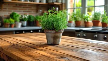 ai gerado em vaso plantar em de madeira mesa foto