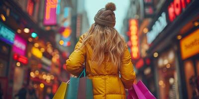 ai gerado jovem mulher compras dentro uma vibrante cidade rua com colorida bolsas foto