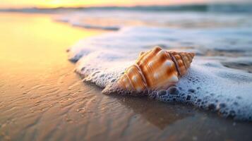 ai gerado fechar-se do uma de praia concha, abraçado de □ Gentil ondas, uma Eterno costeiro tesouro, ai gerado foto