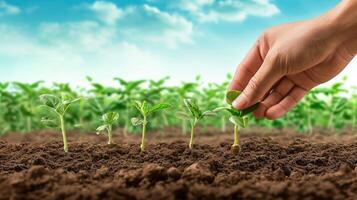 ai gerado bandeira retrata uma agricultores mão plantio plantinha dentro a campo, simbolizando agrícola vitalidade, ai gerado foto