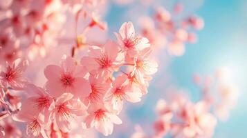 ai gerado fechar-se do cereja flores contra uma azul céu cria uma lindo Primavera fundo, ai gerado. foto