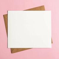 ai gerado brincar, cartão postal com envelope em Rosa fundo. branco peça do papel em a fundo do uma enviar envelope foto