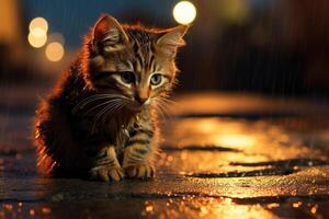 ai gerado molhado triste sofrimento gatinho em a rua em uma chuvoso noite, uma solitário sem teto animal foto