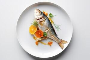 ai gerado peixe prato. topo Visão cozinhou peixe em branco placa, minimalismo mesa contexto. generativo ai. foto