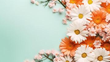 ai gerado plano deitar lindo flores branco e laranja margaridas em uma festivo azul fundo, romântico floral pano de fundo com cópia de espaço. generativo ai foto