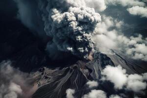 ai gerado erupção. Visão a partir de acima a cinza nuvem, perigoso natural fenômeno em montanha em a ilha. generativo ai foto