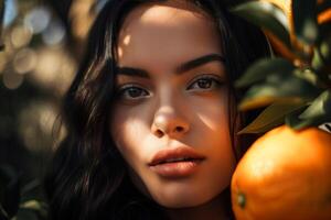 ai gerado retrato do sensual jovem morena mulher dentro citrino fruta Pomar, natural eco pele e cabelo Cuidado conceito. bonita caucasiano modelo e laranjas em uma ensolarado dia. generativo ai foto