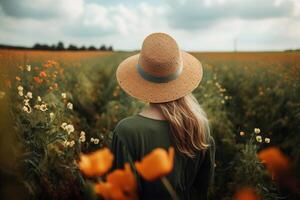 ai gerado traseiro Visão do lindo jovem mulher dentro verde vestir e chapéu dentro campo do laranja flores dentro natureza, liberdade e relaxamento. generativo ai foto