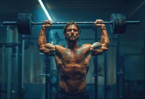 ai gerado uma retrato do homem com barra dentro a Academia para fitness. generativo ai. foto