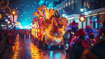 ai gerado período noturno mardi gras parada. iluminado flutua e cintilante luzes do Novo Orleães. ai generativo foto