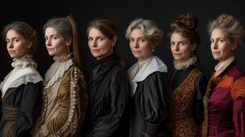 ai gerado mulheres história mês. retrato Series do diverso mulheres adornado dentro histórico traje. ai gerado foto