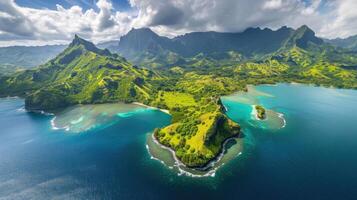 ai gerado aéreo Visão captura uma deslumbrante ilha com exuberante verde montanhas e azul águas, ai gerado foto