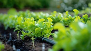 ai gerado fechar-se do uma eficiente em termos de água gotejamento irrigação sistema dentro a orgânico salada jardim, fomento sustentabilidade, ai gerado. foto