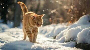 ai gerado gengibre gato graciosamente passeios através a neve em uma ensolarado dia, flocos de neve suavemente caindo, ai gerado. foto