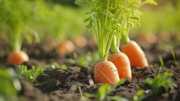 ai gerado fechar-se do cenouras crescendo dentro uma campo, revelador a intrincado beleza do agricultura, ai gerado. foto