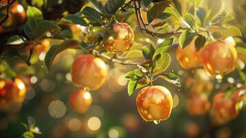 ai gerado abundância do dourado translúcido vidro maçãs suspensão a partir de a maçã árvore, uma caprichoso cena, ai gerado. foto