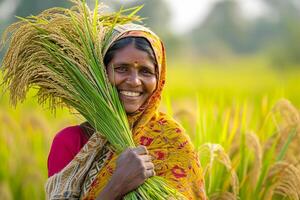 ai gerado indiano fêmea agricultor trabalhando dentro dela campo bokeh estilo fundo com generativo ai foto