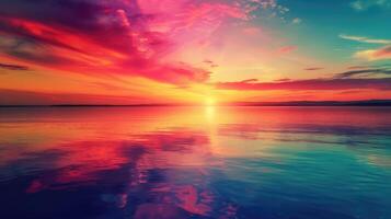 ai gerado vibrante pôr do sol elencos uma colorida brilho sobre uma sereno lago, uma tranquilo cena, ai gerado foto