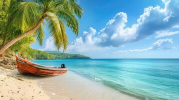 ai gerado exótico tropical ilha com uma lindo caribe mar e barco em a costa, ai gerado. foto