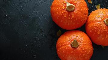 ai gerado vibrante laranja abóboras com água gotas em uma Preto fundo, uma fresco outonal fascínio, ai gerado. foto