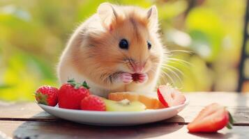 ai gerado adorável hamster mordidelas em Comida a partir de uma placa, Está minúsculo patas adicionando charme, ai gerado. foto