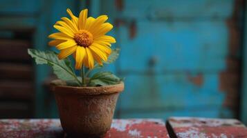 ai gerado uma alegre amarelo flor floresce dentro uma Panela, adornando uma de mesa com vibrante beleza, ai gerado foto