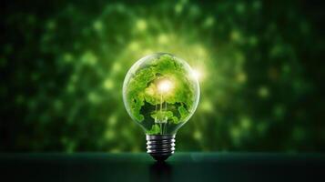 ai gerado iluminar a verde energia conceito com uma lâmpada em forma Como planeta terra contra uma verdejante pano de fundo. ai gerado. foto