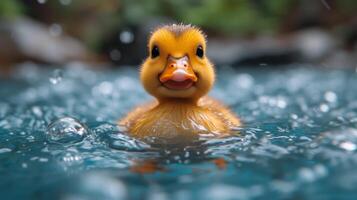 ai gerado fechar-se do uma borracha Pato flutuando em água, Está alegre presença brilho a cena, ai gerado. foto