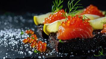 ai gerado elegante apresentação do Preto e vermelho peixe caviar, servido com uma picante limão fatiar, ai gerado. foto