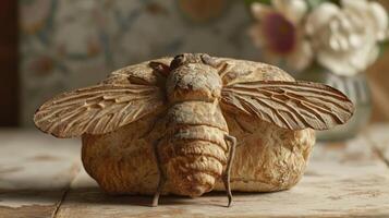 ai gerado único pão pão semelhante a a mosca em repouso em uma de madeira mesa, ai gerado foto