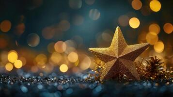 ai gerado uma dourado Natal Estrela brilha em uma bokeh Preto fundo, encantador, ai gerado. foto