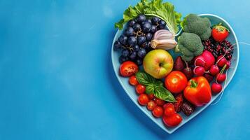 ai gerado em forma de coração prato adornado com frutas e legumes em uma azul fundo, ai gerado. foto