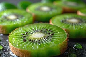 ai gerado kiwi fruta, vibrante com brilhante verde carne e minúsculo Preto sementes, ai gerado foto