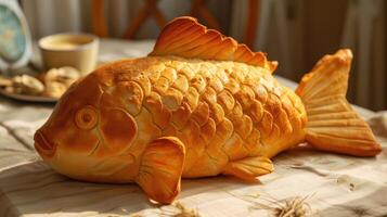 ai gerado único pão pão semelhante a a peixinho em repouso em uma de madeira mesa, ai gerado foto