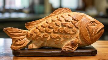 ai gerado único pão pão semelhante a a peixe em repouso em uma de madeira mesa, ai gerado foto