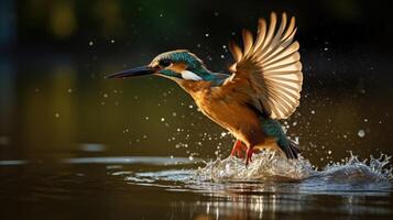 ai gerado uma martinho pescatore pássaro é vôo sobre uma corpo do água, ai gerado foto