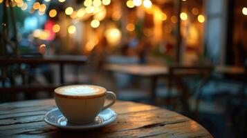 ai gerado uma copo do café em uma pires em uma mesa dentro uma cafeteria, ai gerado foto