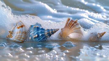 ai gerado experiência tranquilidade com azul e branco conchas do mar adornando uma calmante água aceno. da natureza beleza. ai gerado. foto