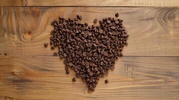 ai gerado chocolate salgadinhos arranjado dentro uma coração forma em uma de madeira chão, encantador e doce, ai gerado foto