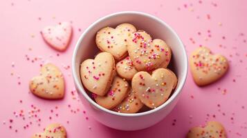 ai gerado em forma de coração biscoitos com granulados dentro uma tigela, conjunto contra uma Rosa fundo, ai gerado foto