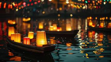 ai gerado linha barcos adornado com chinês lanternas, suavemente flutuando em água, ai gerado foto