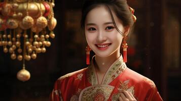 ai gerado chinês menina dentro tradicional traje, dela face ecoando cultural profundidade, ai gerado foto