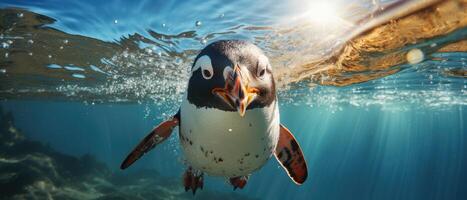 ai gerado uma pinguim natação embaixo da agua dentro a oceano, ai gerado foto