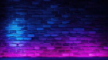 ai gerado Preto tijolo parede fundo com néon iluminação efeito a partir de Rosa e roxa para azul, ai gerado. foto
