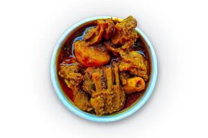 Carneiro Curry isolado em uma branco fundo, Carneiro kosha ou Masala dentro uma branco tigela, topo visualizar, vermelho picante molho, indiano estilo carne prato. indiano cozinha foto