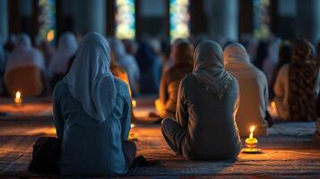 ai gerado espiritual fotos do adoradores atendendo Taraweeh orações às mesquitas ou dentro comunidade encontros